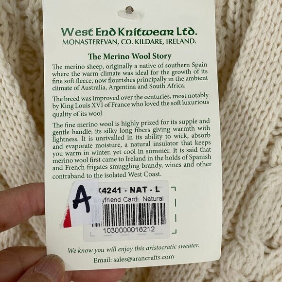 NWT Aran Crafts Ireland Women's 100% Wool Aran Boyfriend Button Front Cardigan L - Picture 7 of 7